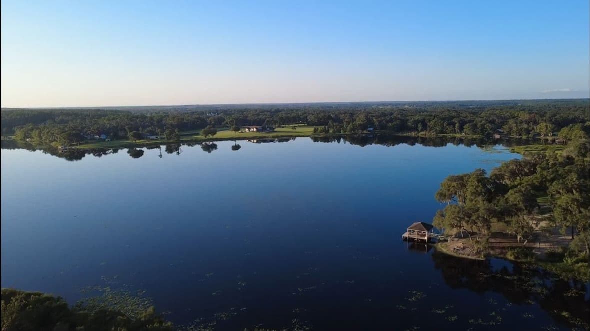Aerial view of the lake at dusk