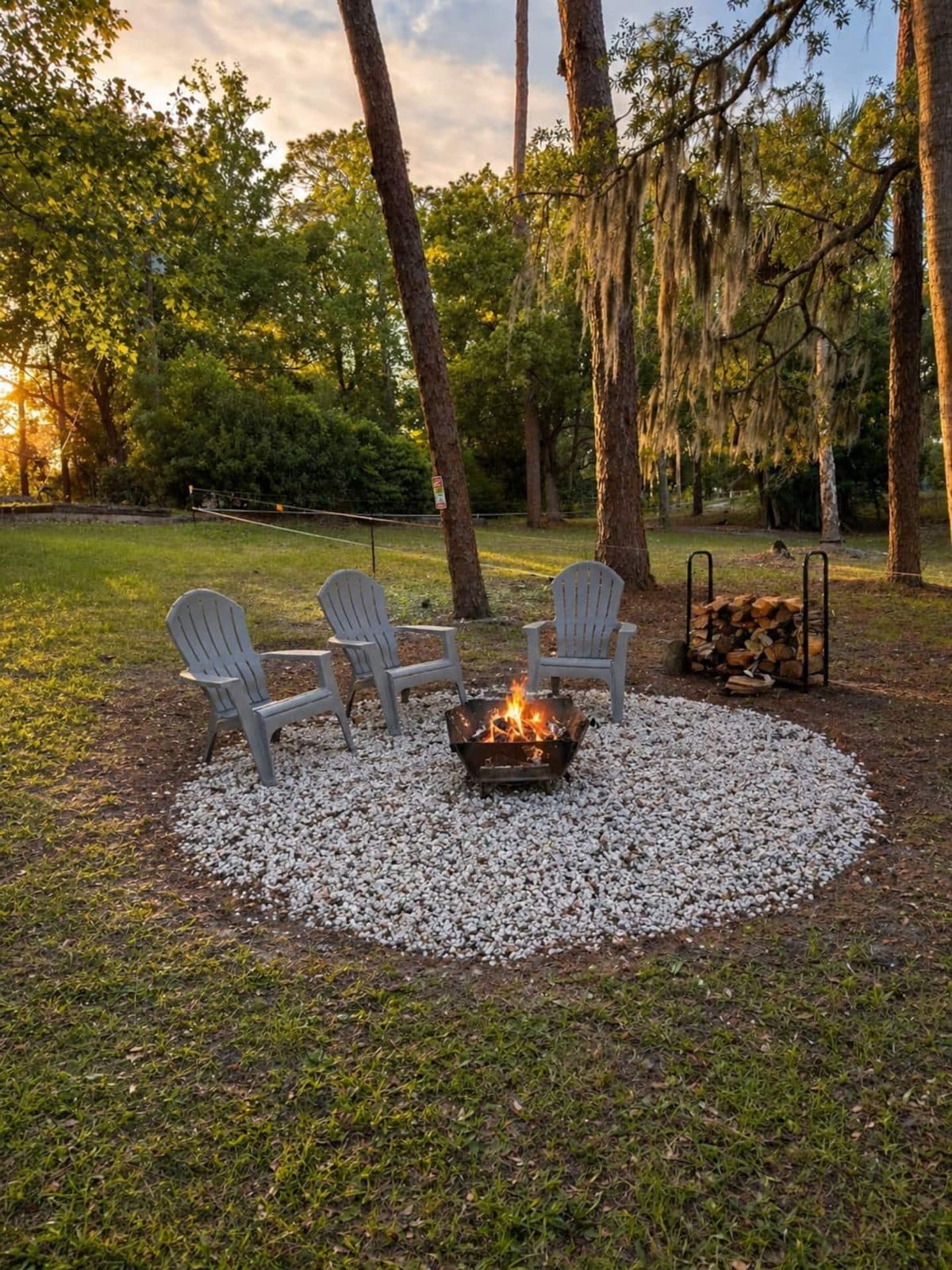 Fire pit with Adirondack chairs and stacked firewood on the lawn